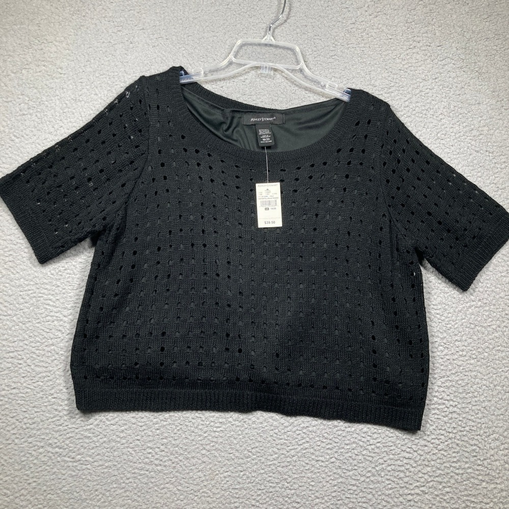 Ashley Stewart Pointelle Knit Top Women 18/20 Black Lined Short‎ Sleeve
